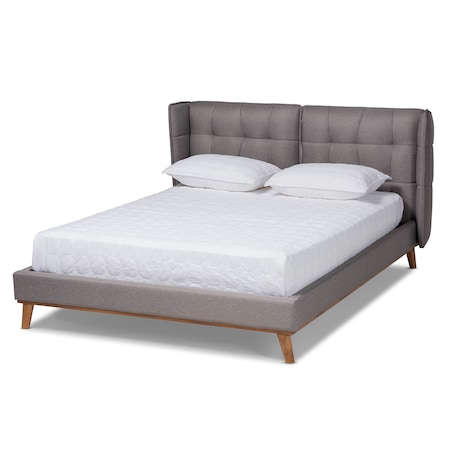 Baxton Studio Gretchen Grey Upholstered and Walnut Wood Queen Size Platform Bed 164-10658
